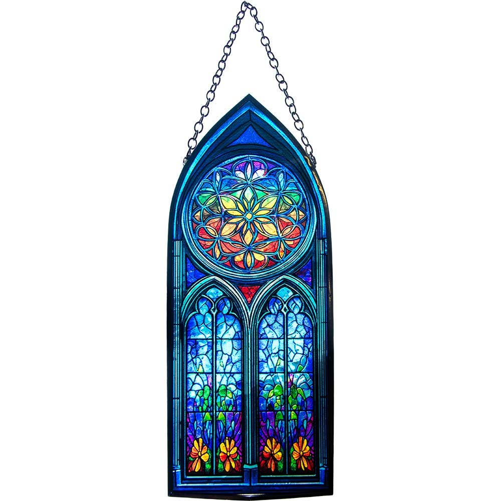 Stained glass window with colorful design on a white background