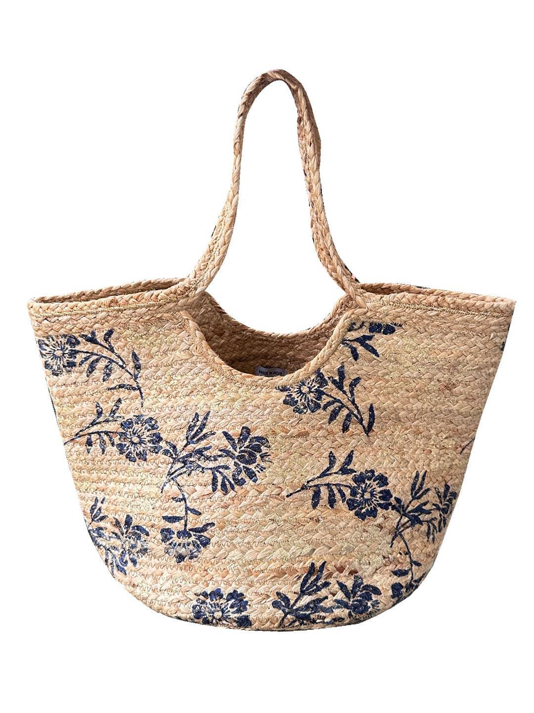 Natural Jute Dark Blue Floral Print Handbag - Shadowplay Collection Gift Shop