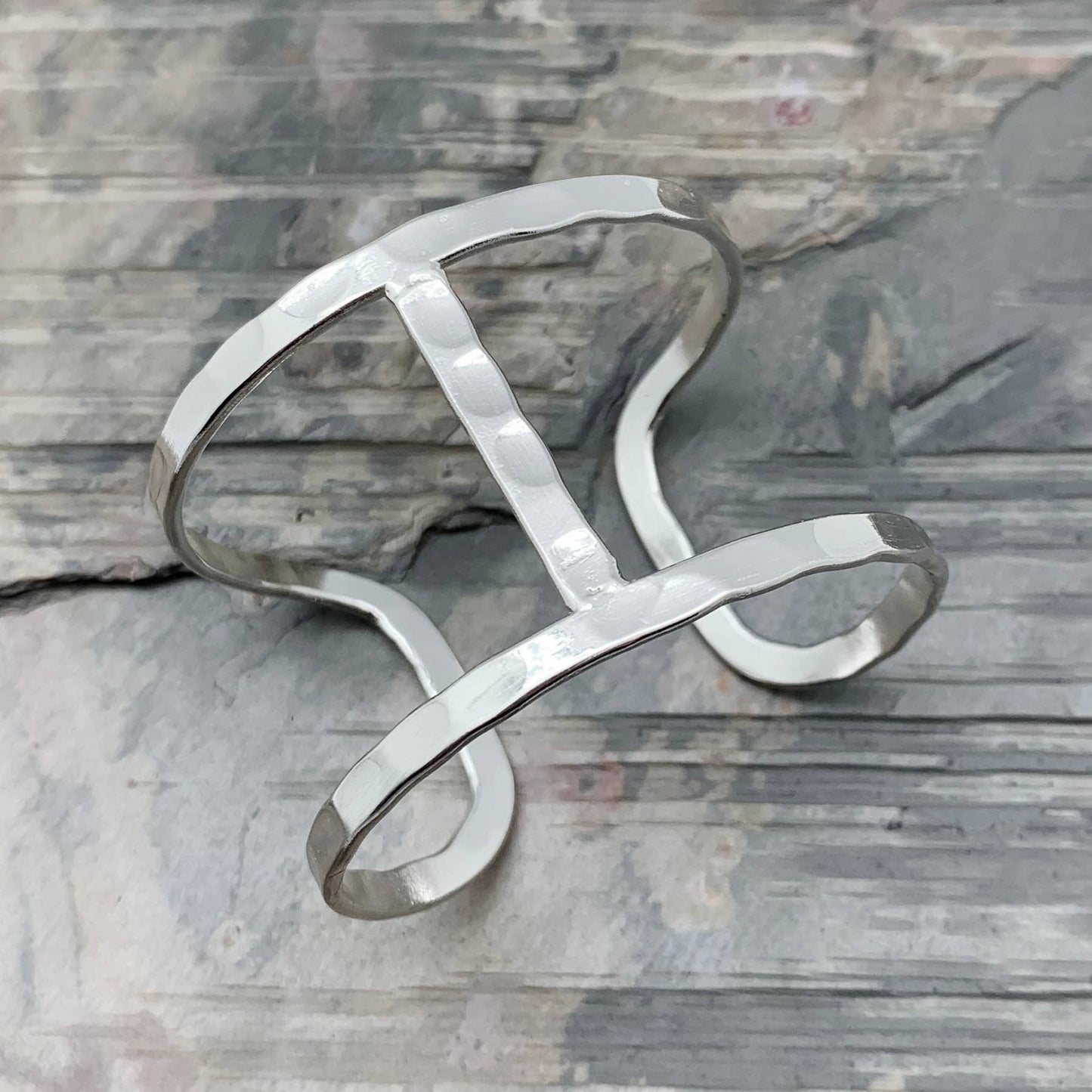 Geometric Wide Silver Plated Adjustable Cuff Bracelet