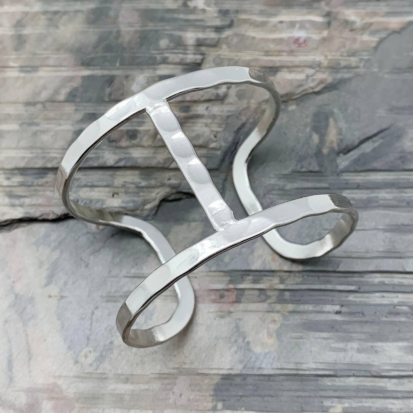 Geometric Wide Silver Plated Adjustable Cuff Bracelet - Shadowplay Collection