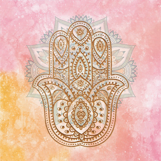 Ornate Hamsa Hand design with pink and gold background. 