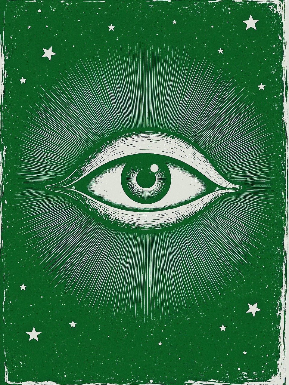 An image of a Sacred Eye with Stars and a Green Background
