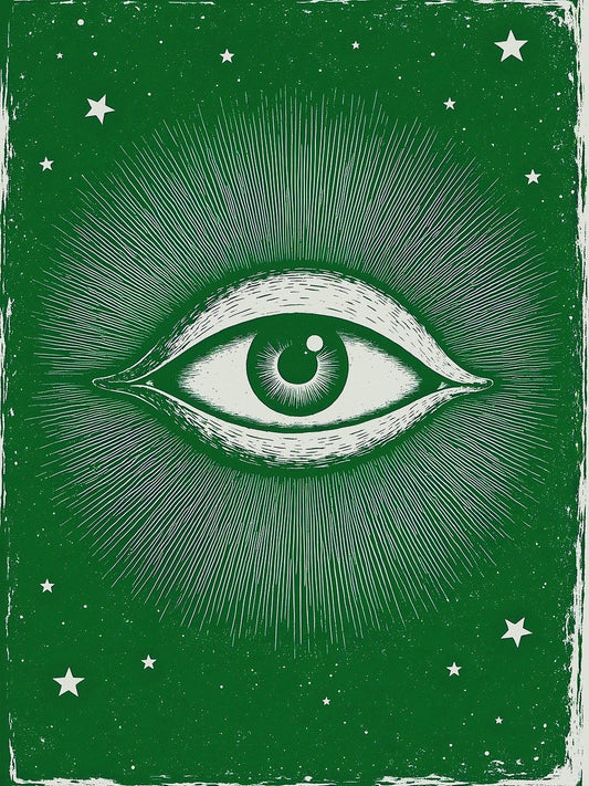 An image of a Sacred Eye with Stars and a Green Background