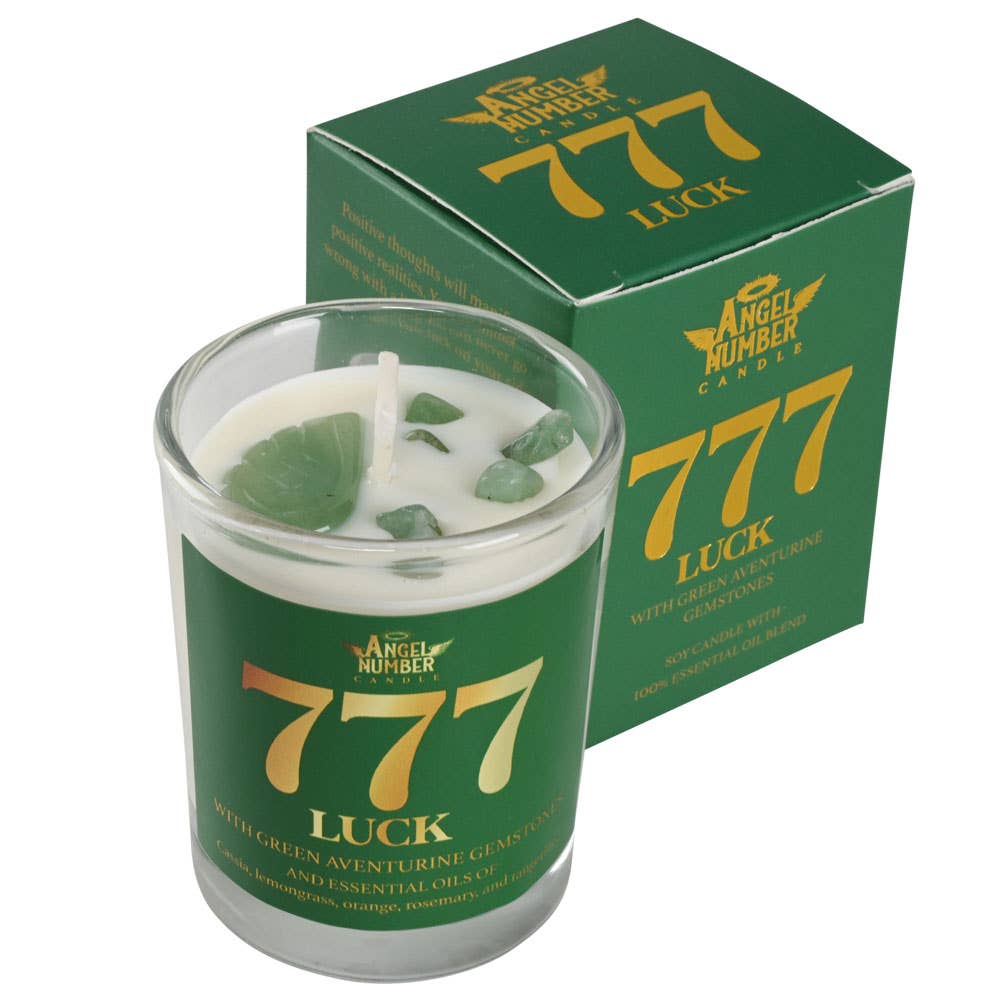 Green '777 Luck' candle with packaging on a white background