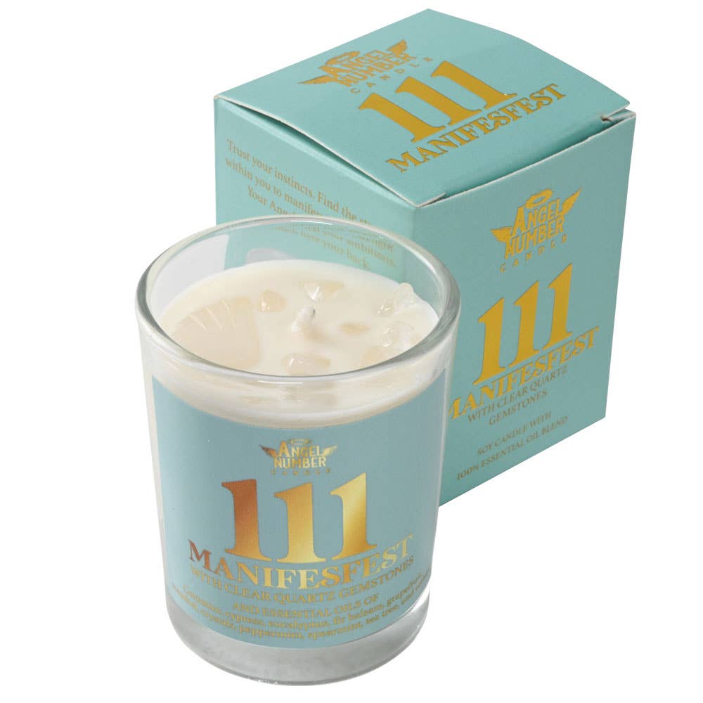Manifesest candle in a glass jar with packaging on a white background