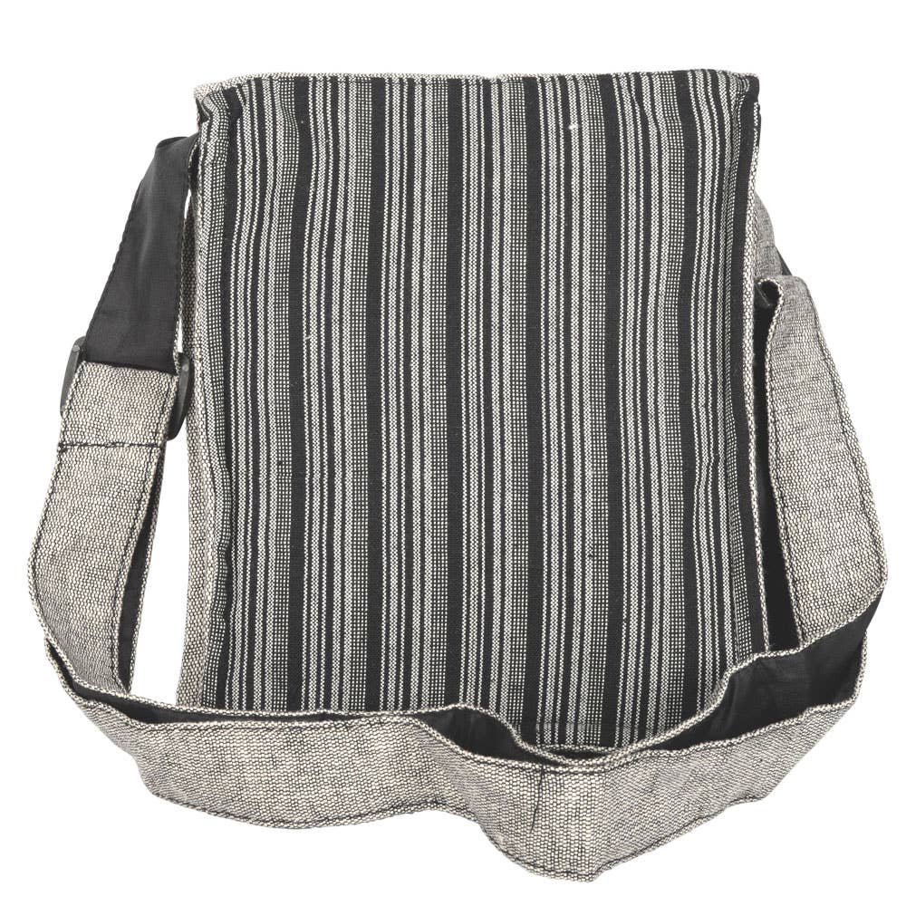 Black and gray striped bag with a white background