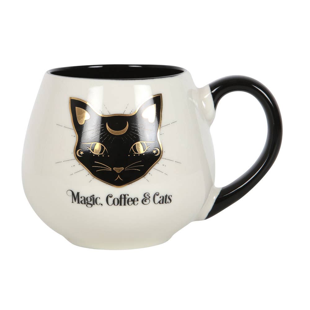 White Rounded  mug with black cat face design and 'Magic, Coffee & Cats' text on a white background- Shadowplay Collection Gift Shop