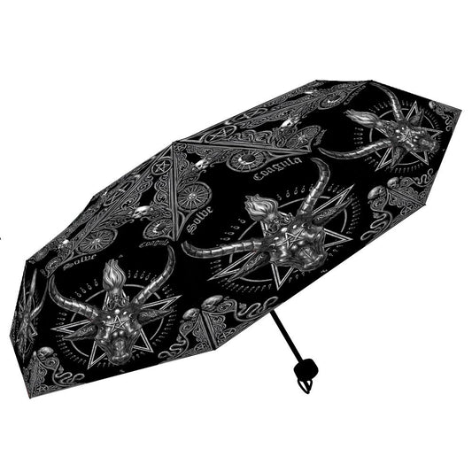 Black umbrella with iwhite baphomet and skulls designs on a white background