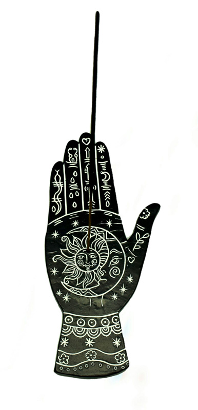 Black Flat Incense holder shaped like a hand with white decorative design
