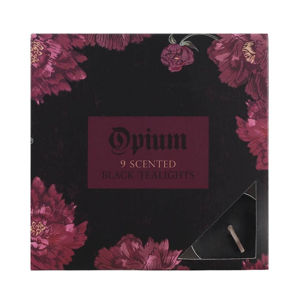 Opium scented black tealights packaging with floral design- Shadowplay Collection Gift Shop