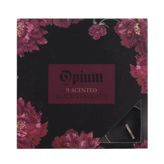 Opium scented black tealights packaging with floral design- Shadowplay Collection Gift Shop