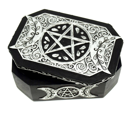 Decorative black box with silver pentagram design on a white background