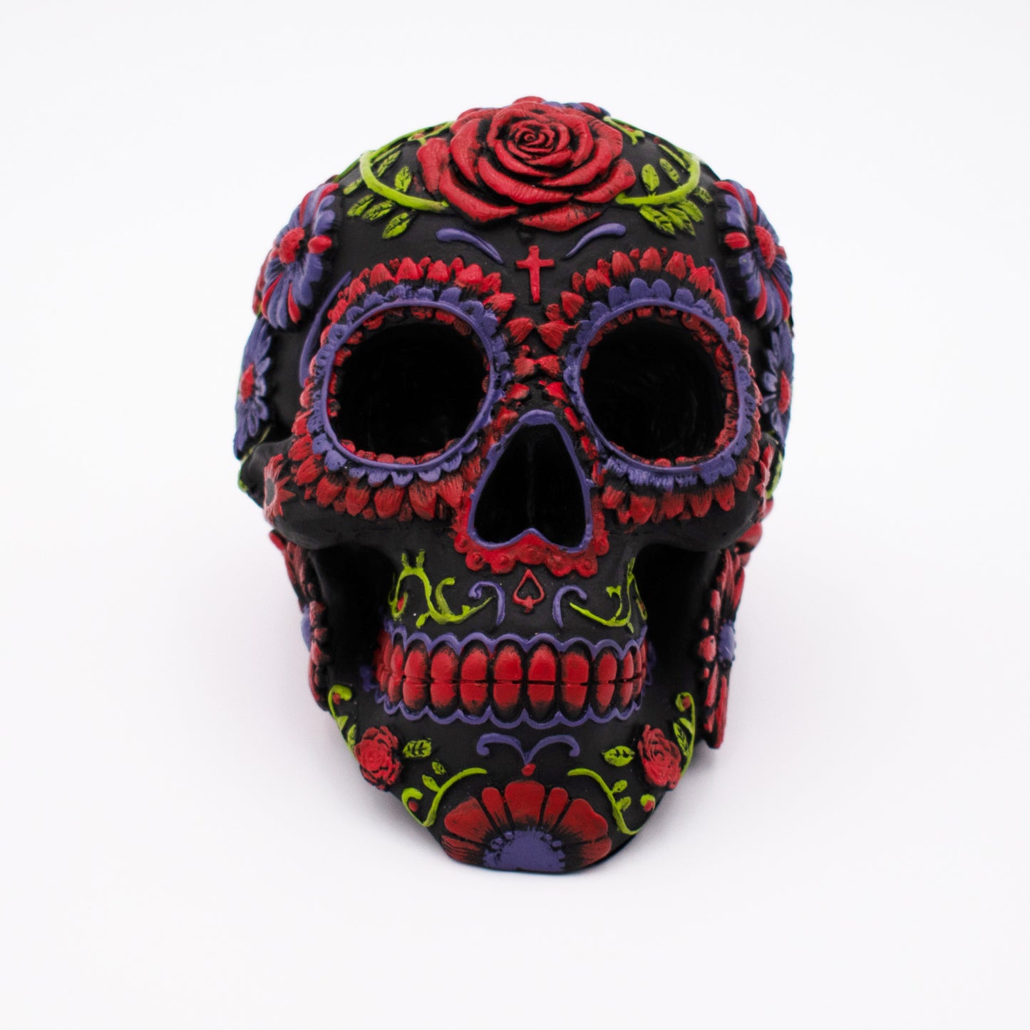 Black Sugar Skull Sculpture with Colorful Floral Design