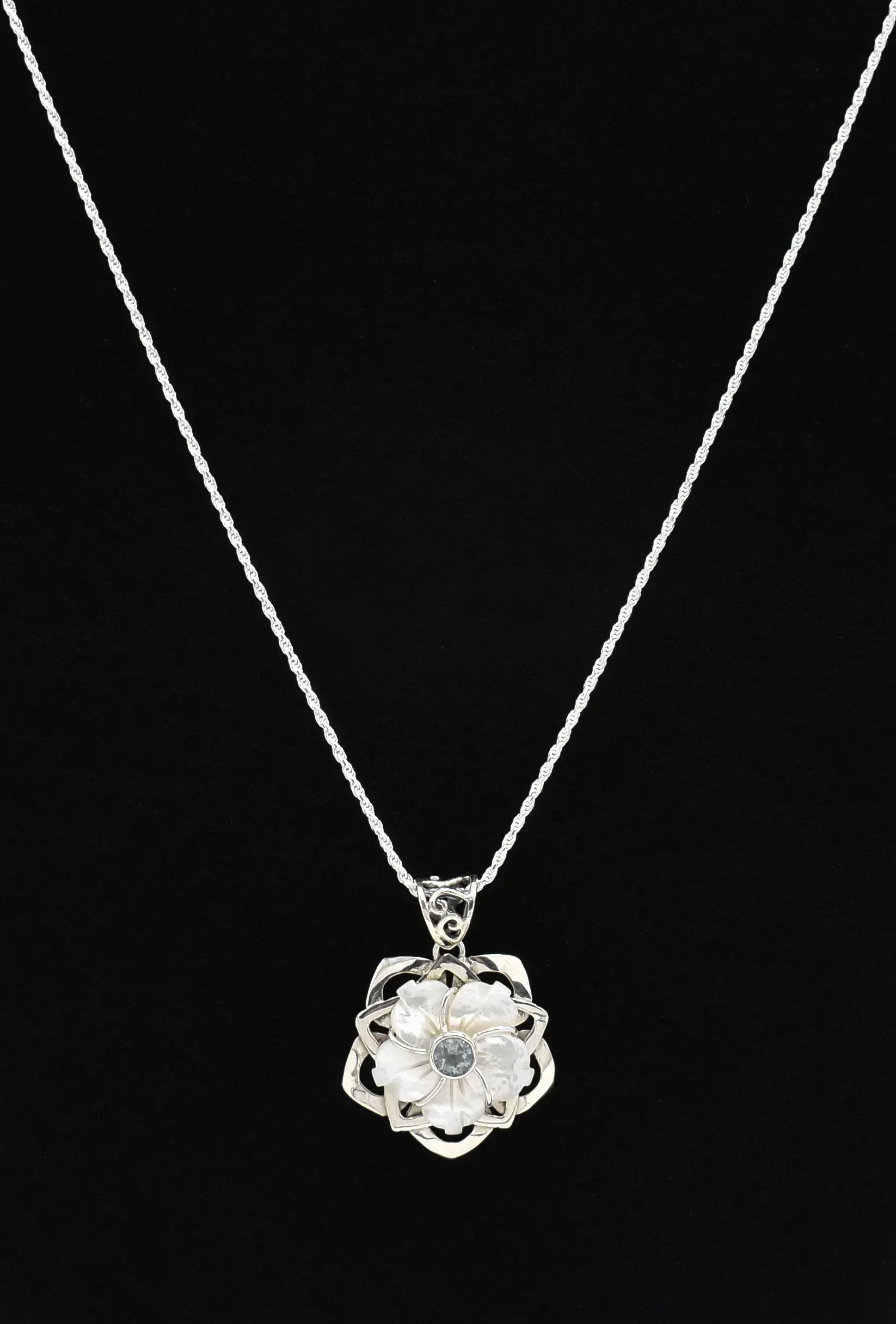 Mother of Pearl Shell Flower Blue Topaz Sterling Silver Pendant with Sterling Silver Rope Chain - Shadowplay Collection