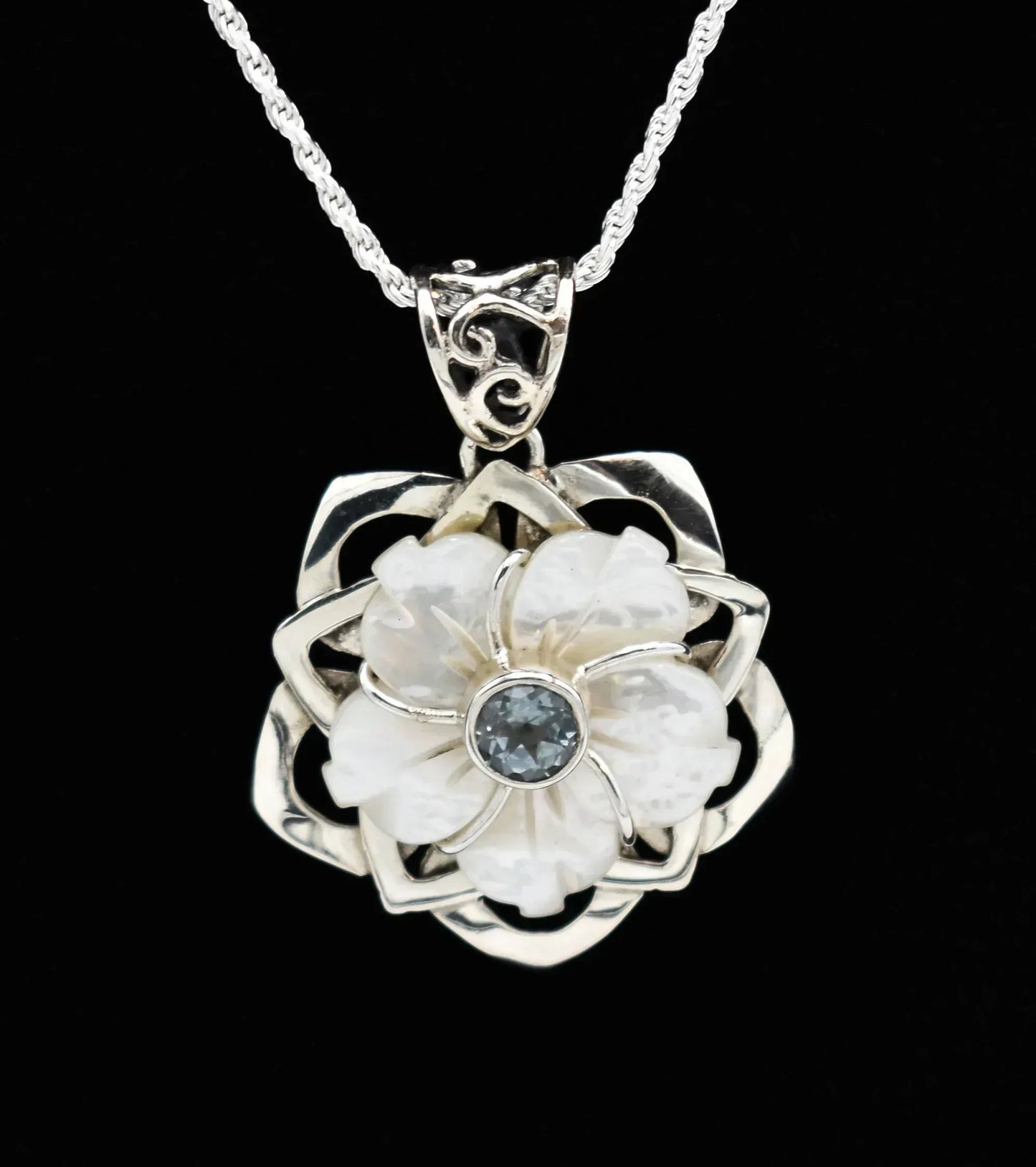 Mother of Pearl Shell Flower Blue Topaz Sterling Silver Pendant with Sterling Silver Rope Chain - Shadowplay Collection