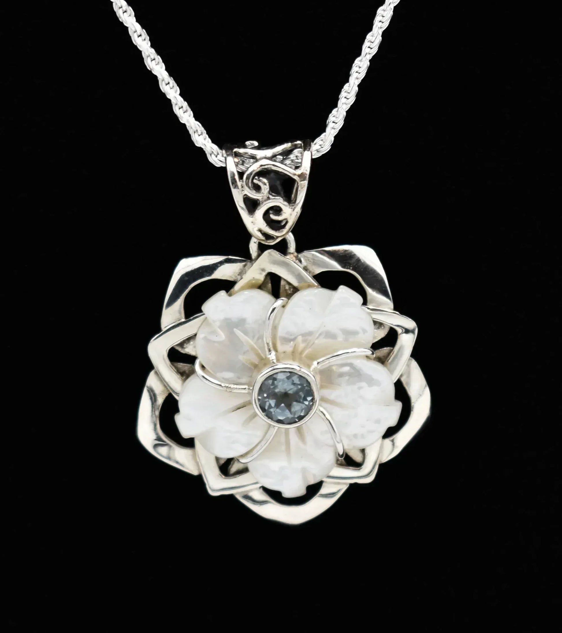 Mother of Pearl Shell Flower Blue Topaz Sterling Silver Pendant with Sterling Silver Rope Chain - Shadowplay Collection