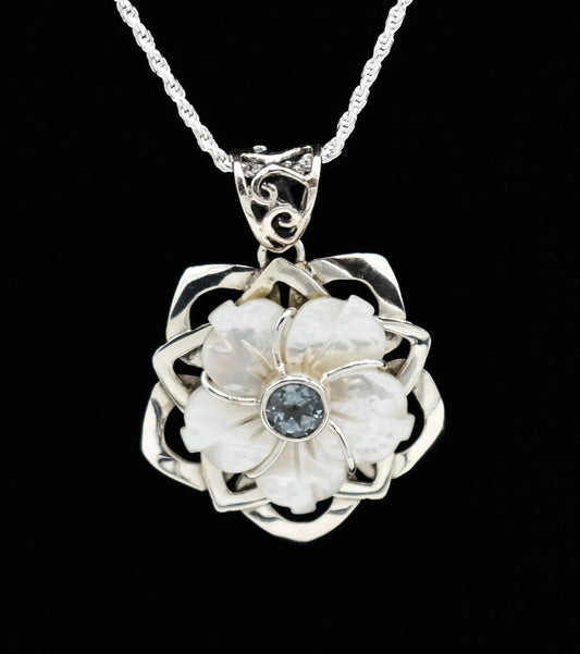 Mother of Pearl Shell Flower Blue Topaz Sterling Silver Pendant with Sterling Silver Rope Chain - Shadowplay Collection