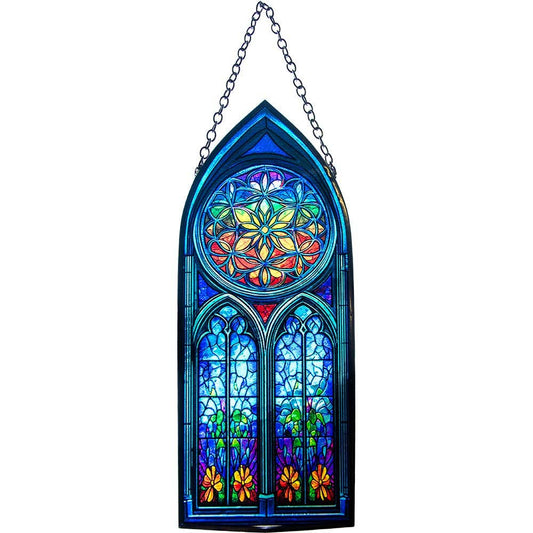 Stained glass window with colorful design on a white background