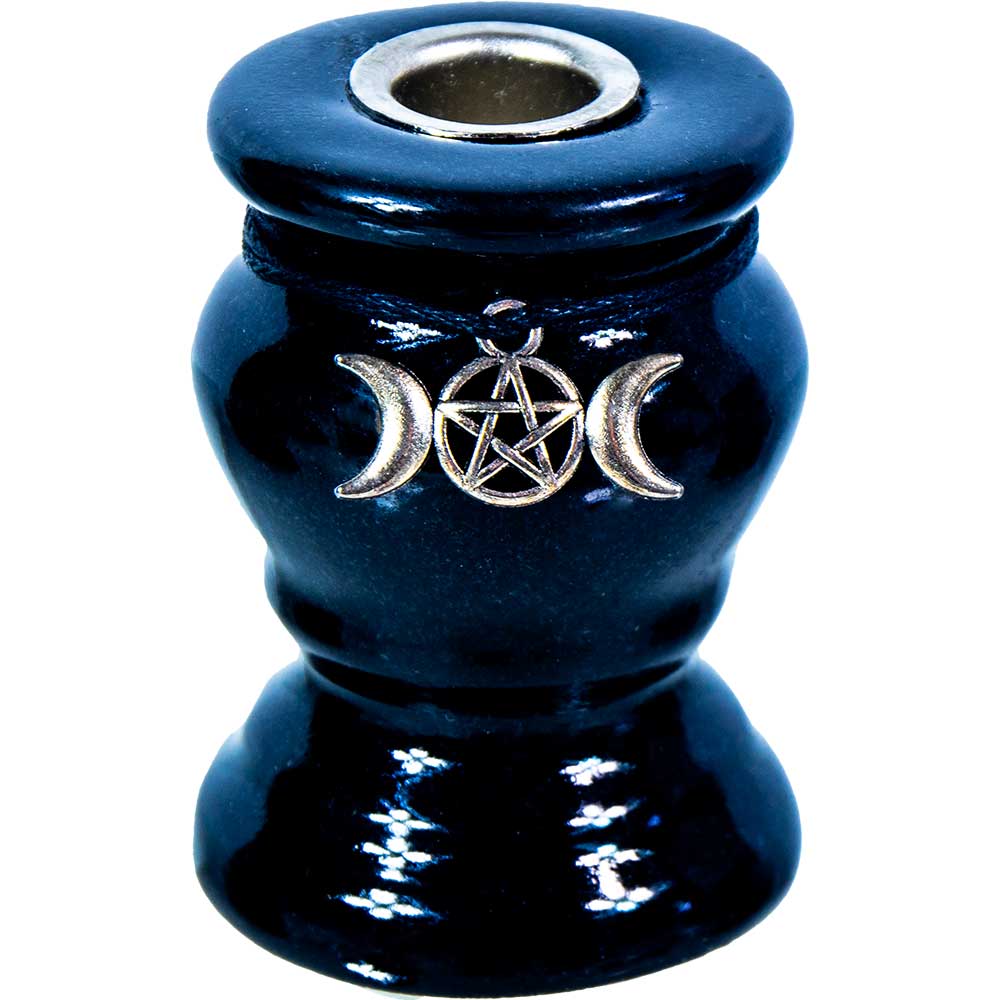 Blue ceramic incense burner with silver pentacle and moon symbol on a white background
