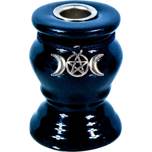 Blue ceramic incense burner with silver pentacle and moon symbol on a white background