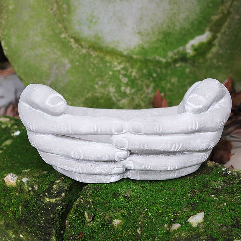 Cupped Hands Cement Planter with a green planter- Shadowplay Collection Gift Shop