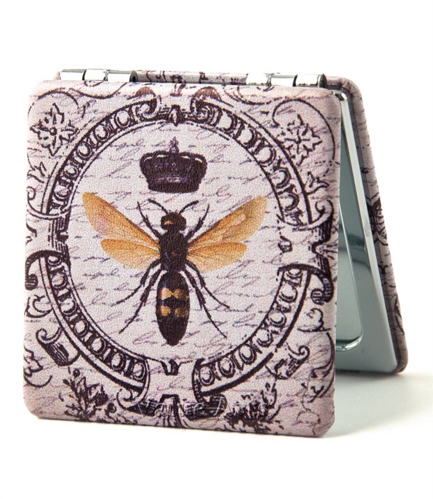 Square Compact Travel Mirror with Bee and Crown Design with a white background- Shadowplay Collection Gift Shop