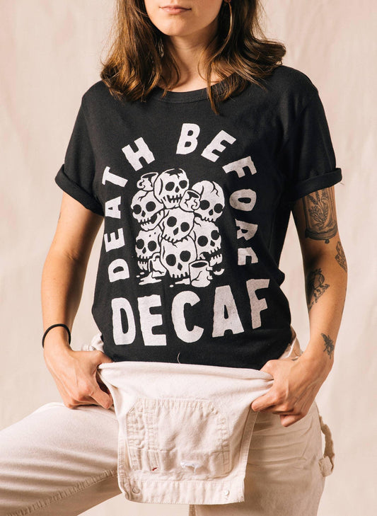 Death Before Decaf Coffee Vintage Style Graphic Tee Adults: Medium - Shadowplay Collection