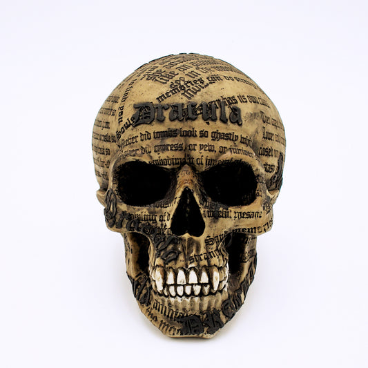 Skull-shaped object with text on a white background