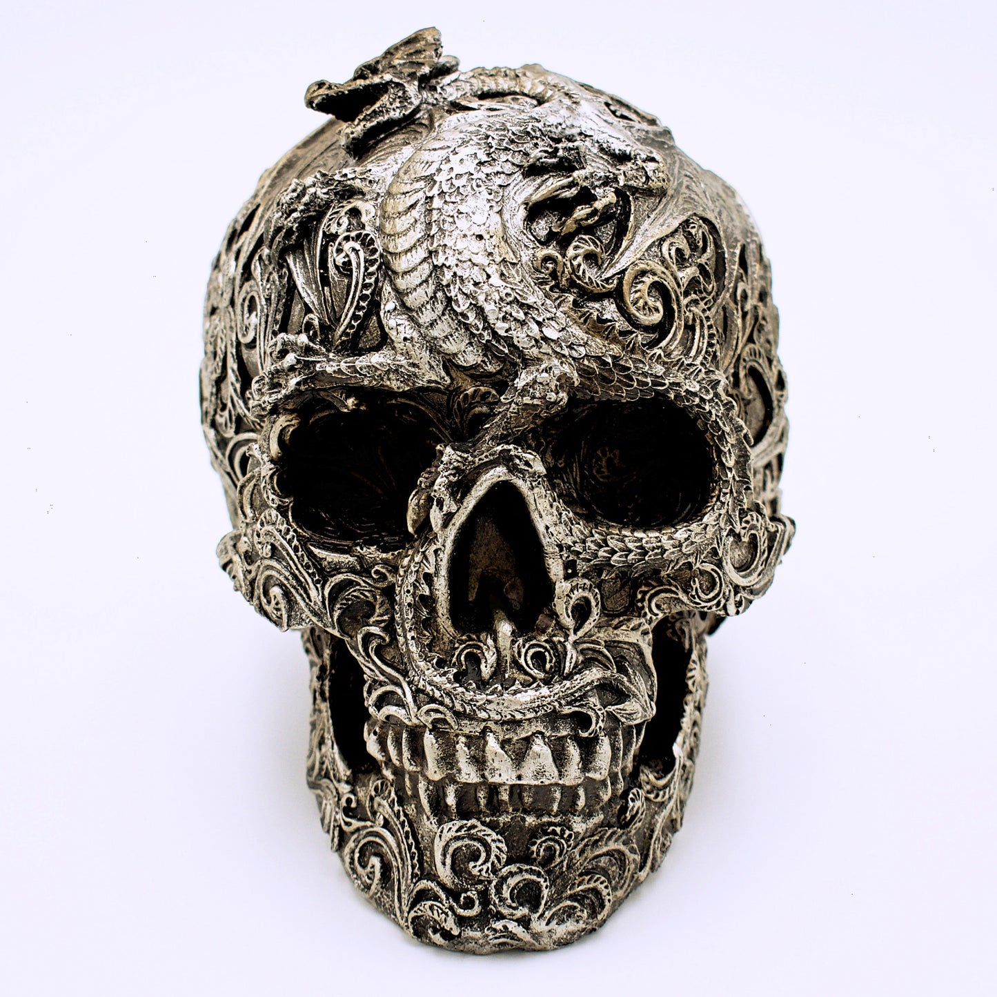 Silver Dragon and Scroll Design Skull Sculpture