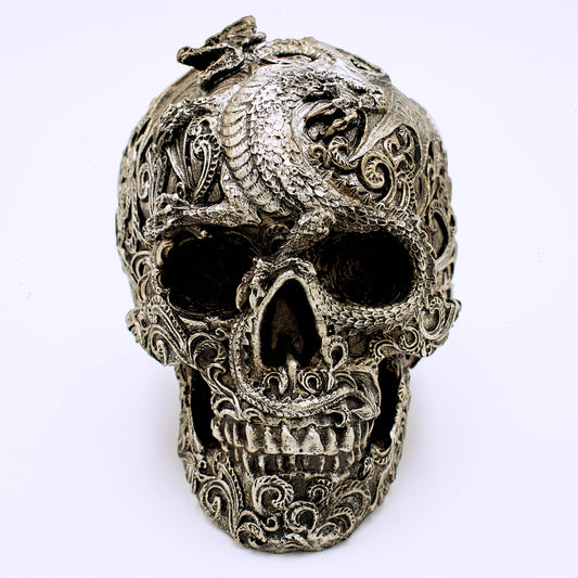 Silver Dragon and Scroll Design Skull Sculpture