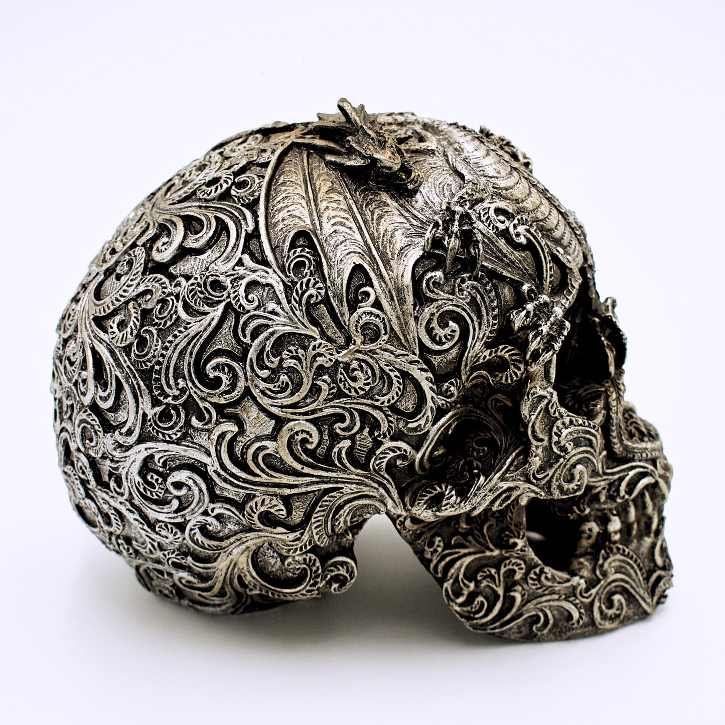 Silver Dragon and Scroll Design Skull Sculpture