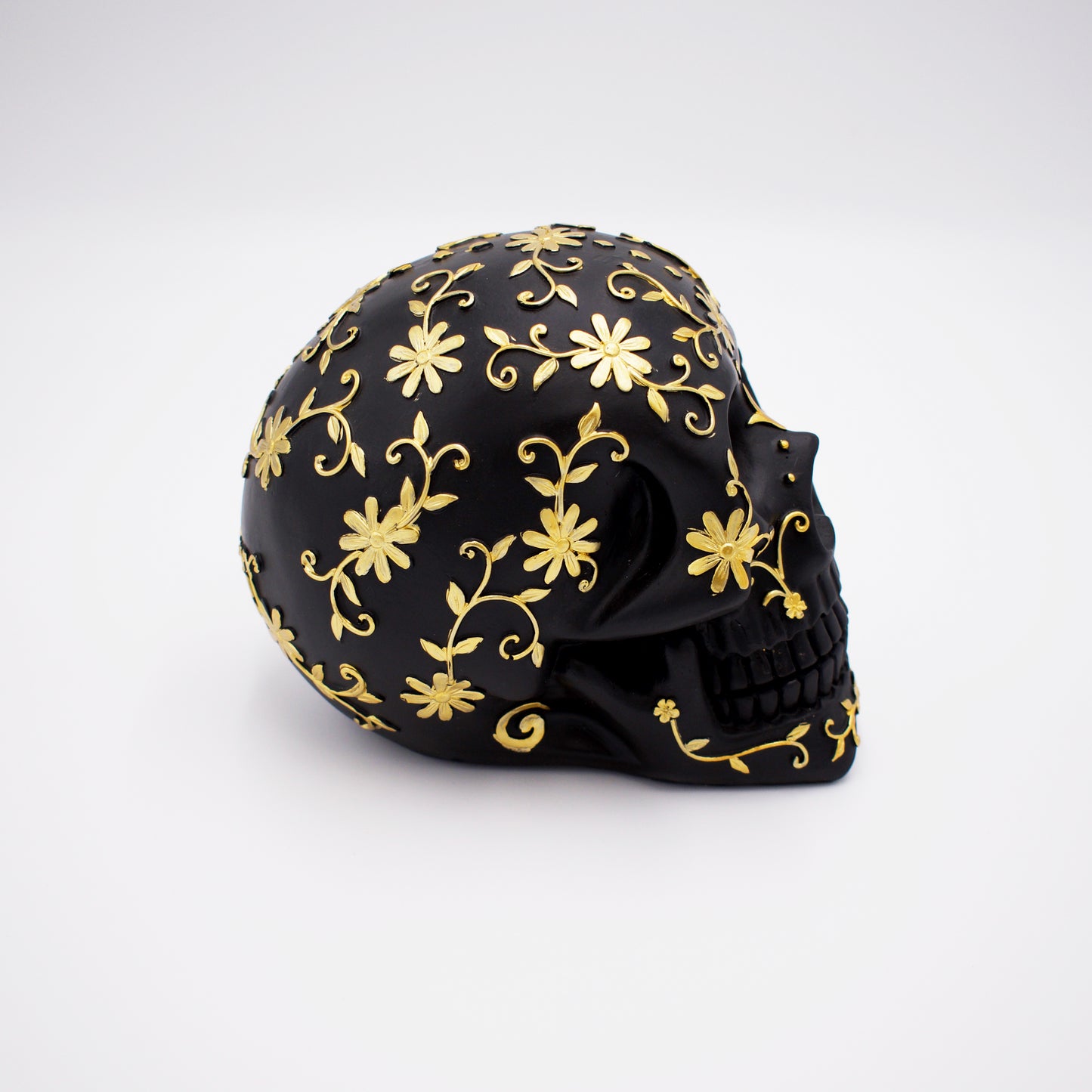 Black Skull with Gold Floral Design Sculpture