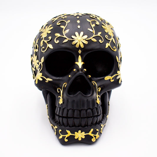 Black Skull with Gold Floral Design Sculpture