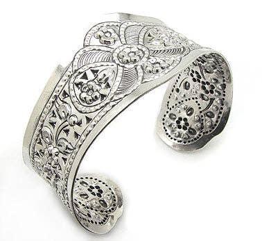 Wide Flower Design Embossed Sterling Silver Cuff Bracelet - Shadowplay Collection