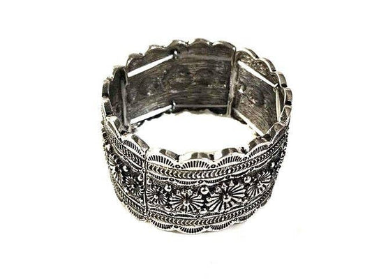 Stretch zinc alloy bracelet with floral pattern. 