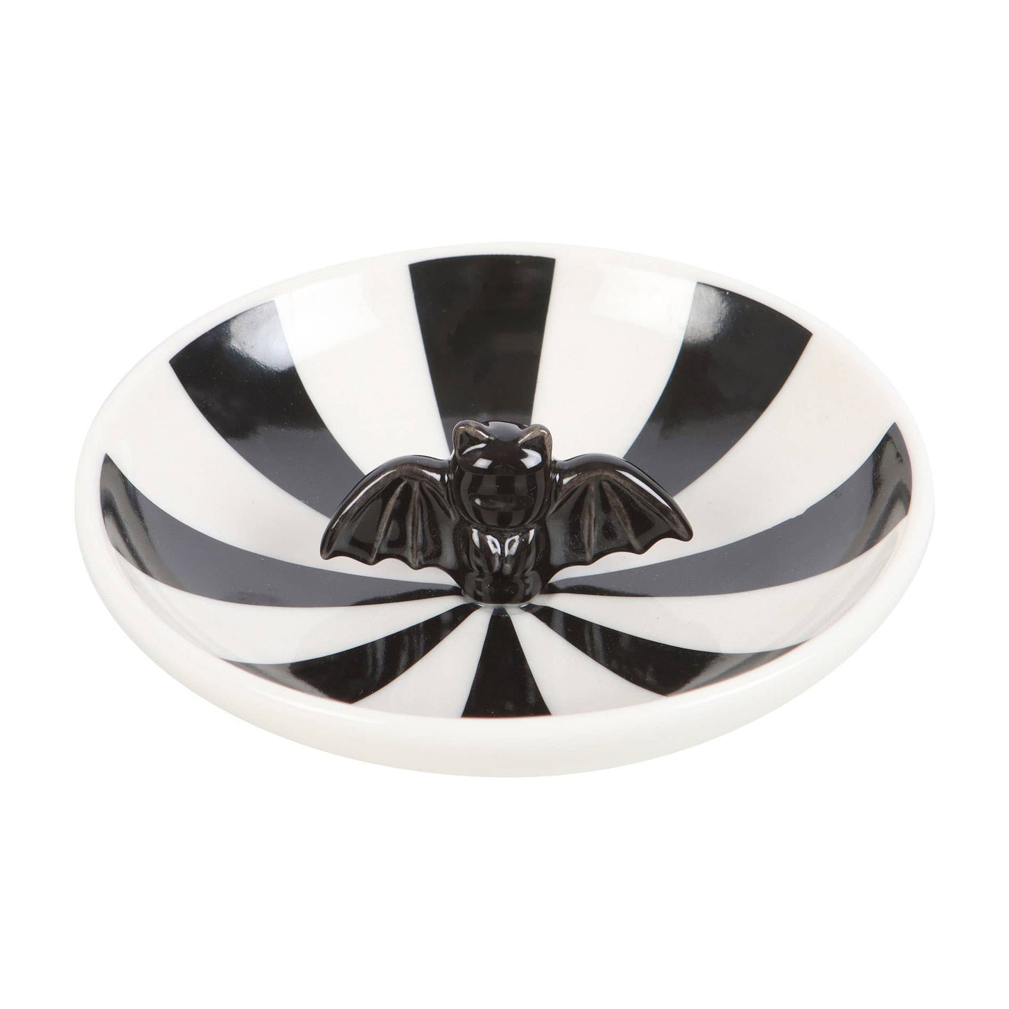 Black and white striped dish with a bat design on a white background- Shadowplay Collection Gift Shop