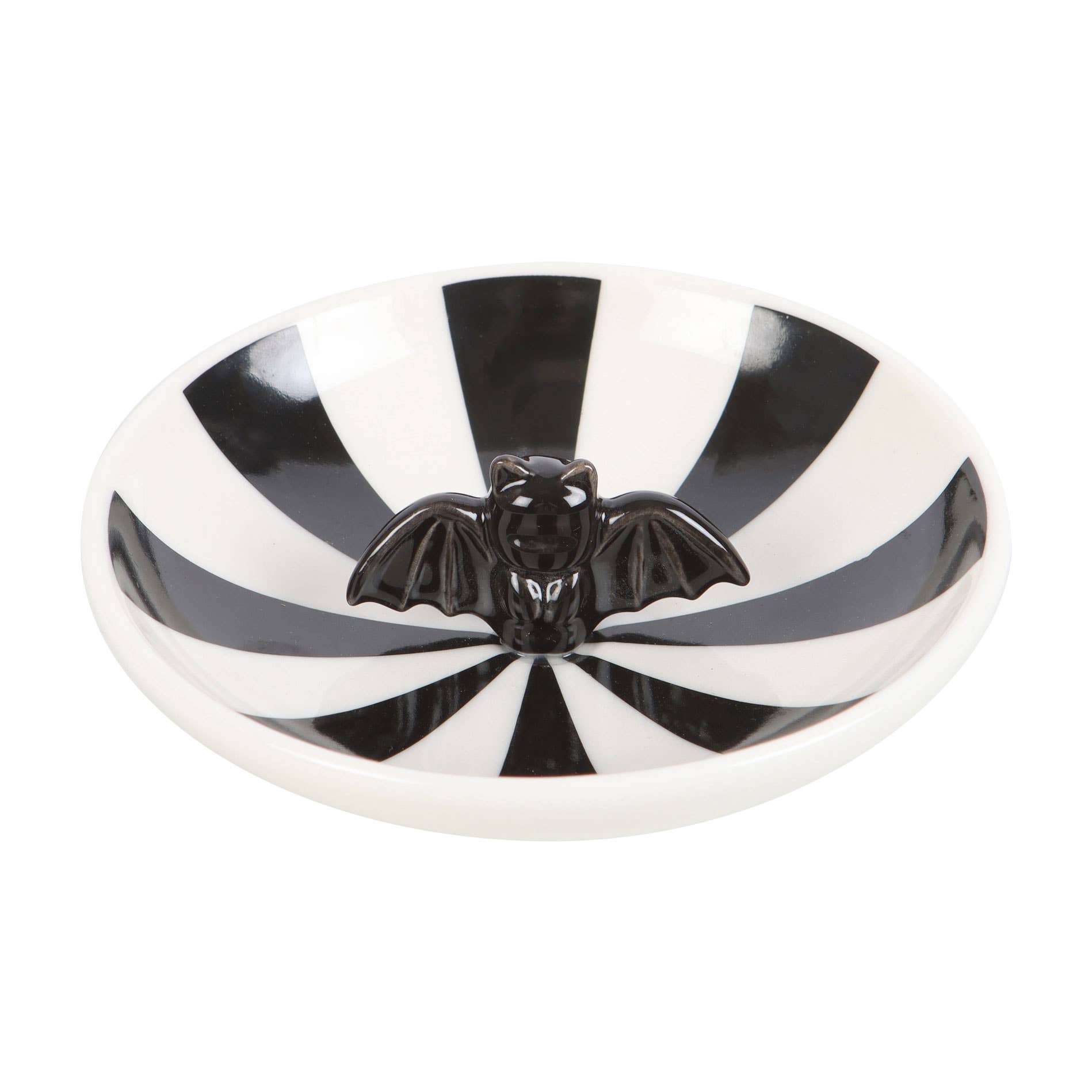 Black and white striped dish with a bat design on a white background- Shadowplay Collection Gift Shop