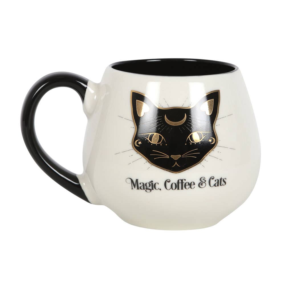 White rounded mug with a black cat design and 'Magic Coffee & Cats' text on a white background- Shadowplay Collection Gift Shop in San Antonio, TX
