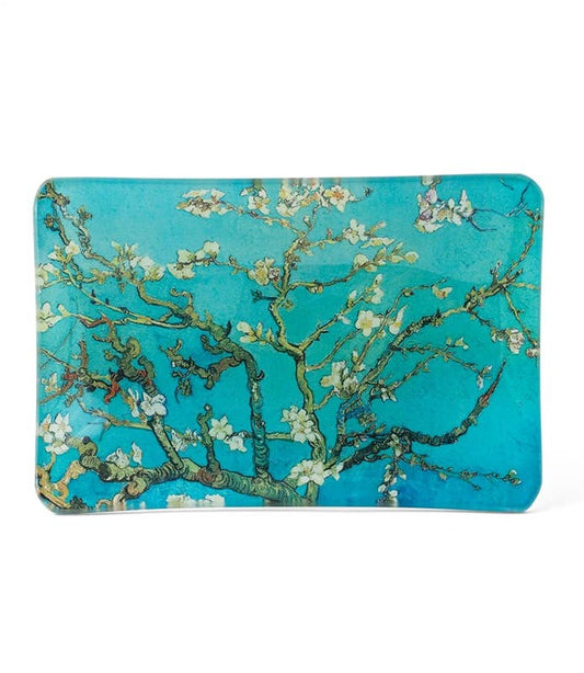 Glass Decorative trinket dish with floral design on a blue background- Shadowplay Collection Gift shop