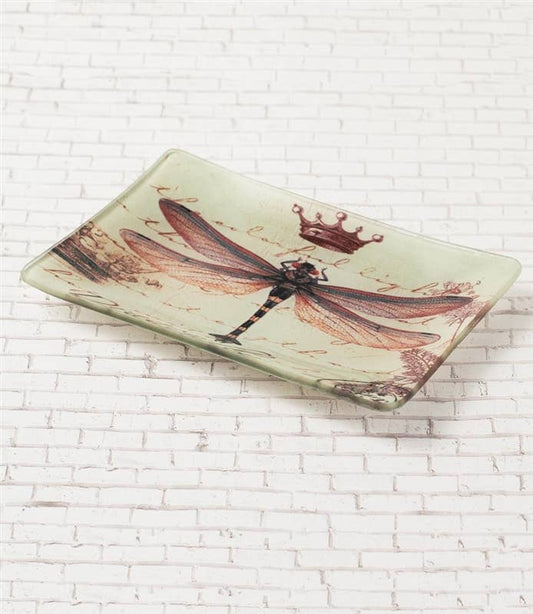 Decorative rectangular plate with a dragonfly design on a white brick background- Shadowplay Collection Gift Shop