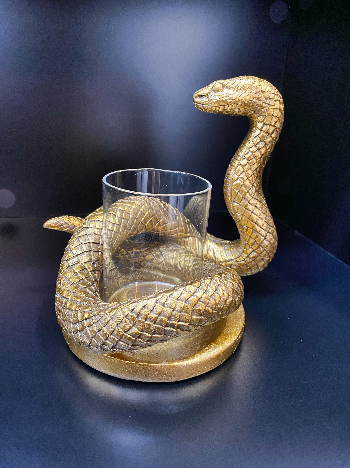 Gold Coiled Snake Candle holder with blue background