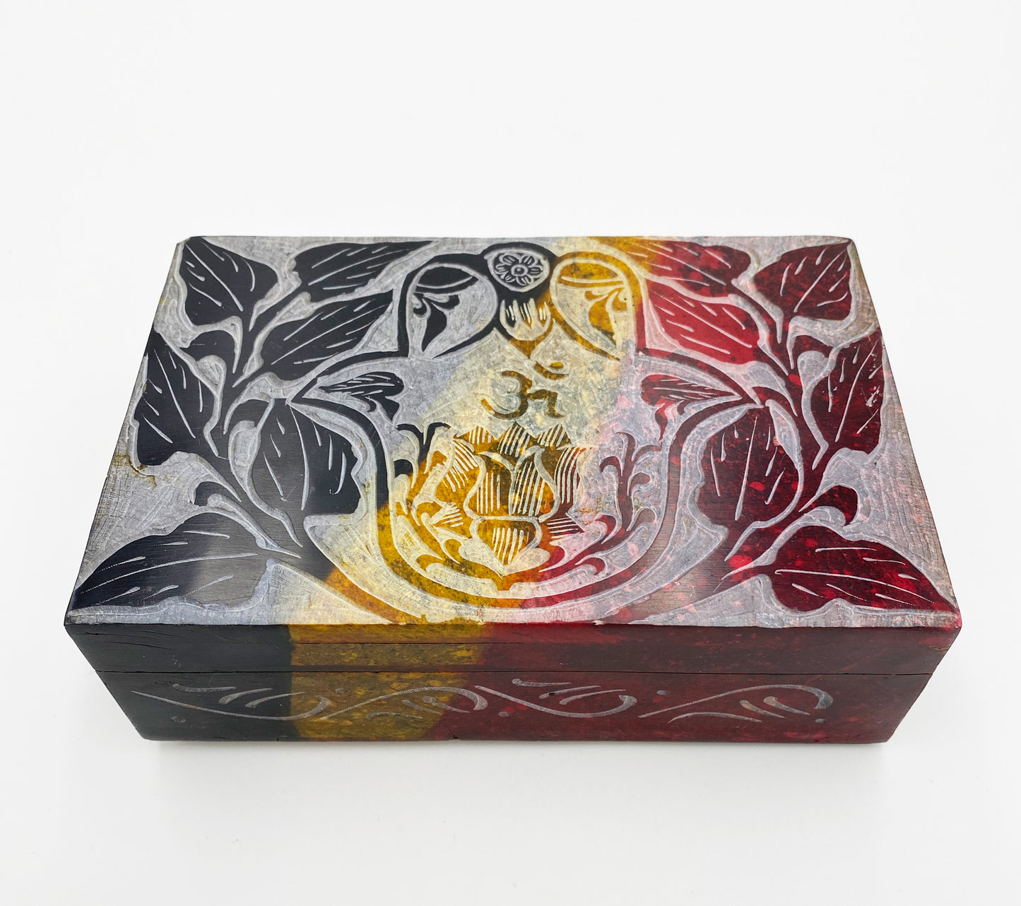 Hamsa Hand with Om Symbol Soapstone Box with Hinged Lid