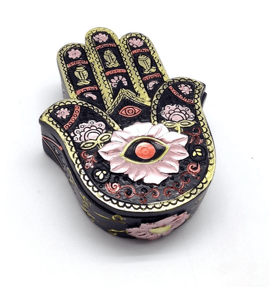 Decorative Hamsa hand with intricate designs on a white background