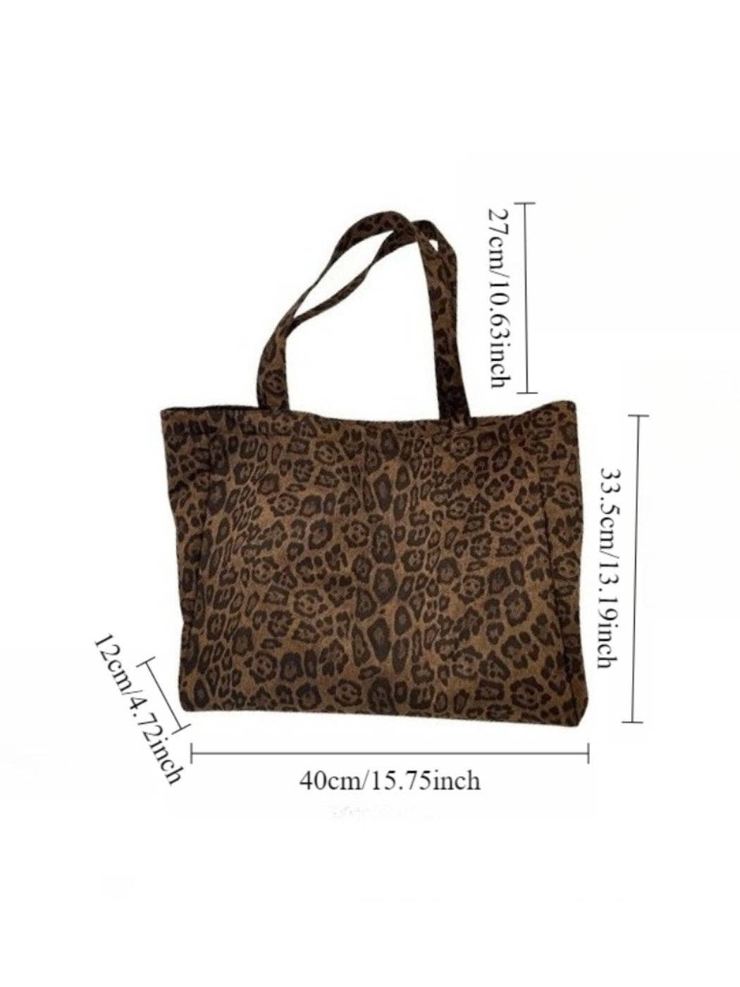 Leopard print tote bag with dimensions on a white background- Shadowplay Collection Gift Shop in San Antonio, TX