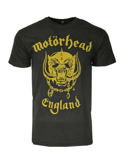 Black t-shirt with yellow 'Motorhead England' logo on a white background