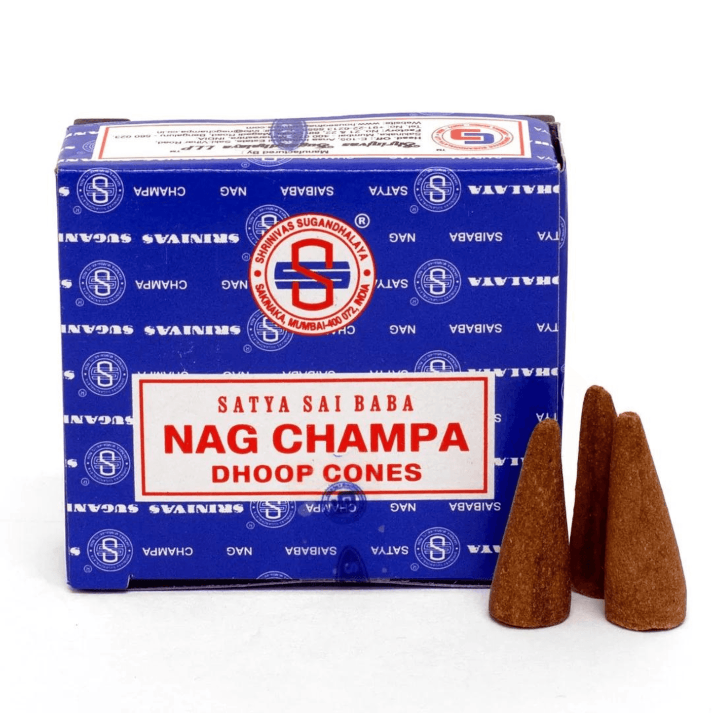 Box of Satya Sai Baba Nag Champa dhoop cones on a white background