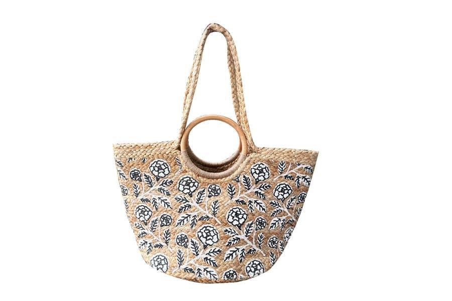 Natural Jute Tote Floral Print Handbag  with white background- Shadowplay Collection Gift Shop