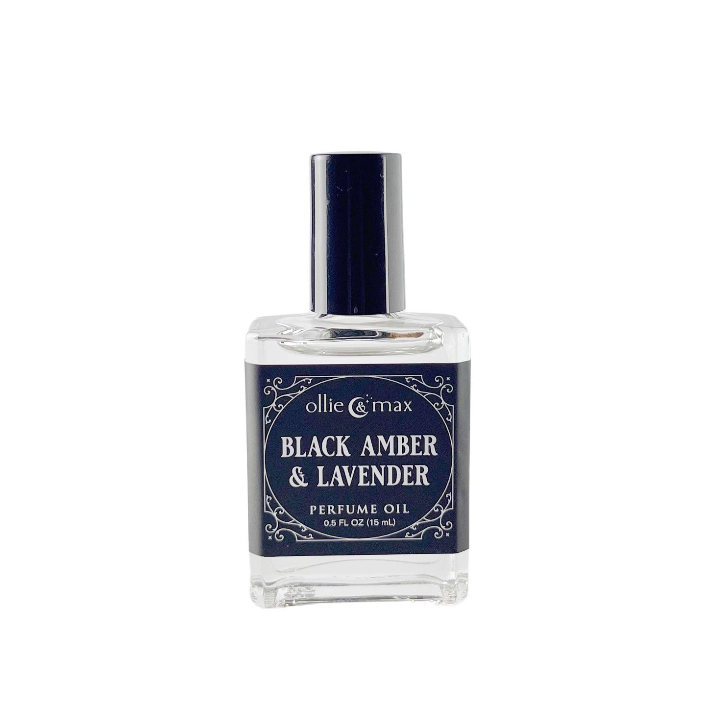 Perfume oil bottle labeled 'Black Amber & Lavender' by ollie & max on a white background