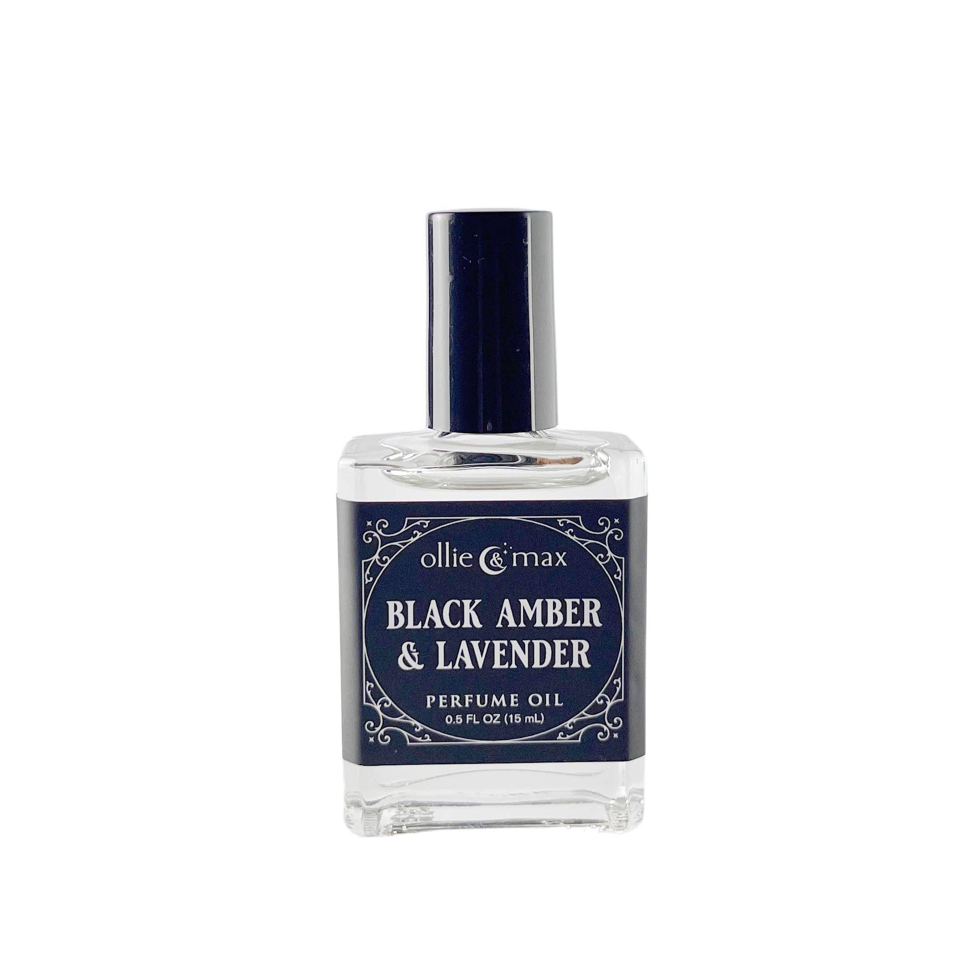 Perfume oil bottle labeled 'Black Amber & Lavender' by ollie & max on a white background