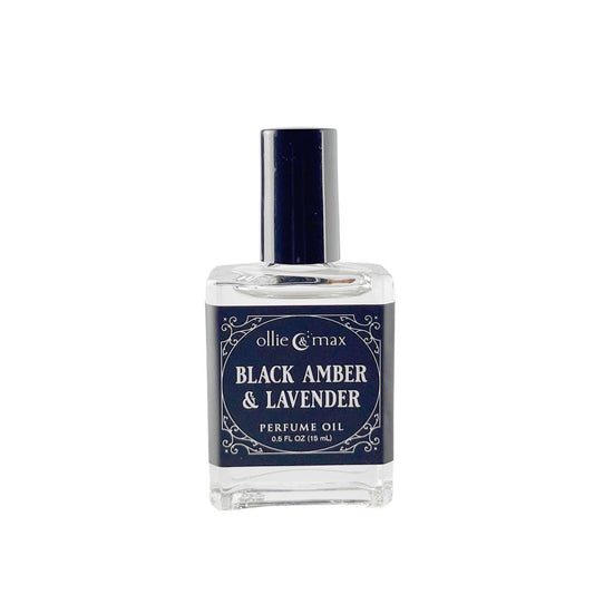 Perfume oil bottle labeled 'Black Amber & Lavender' by ollie & max on a white background